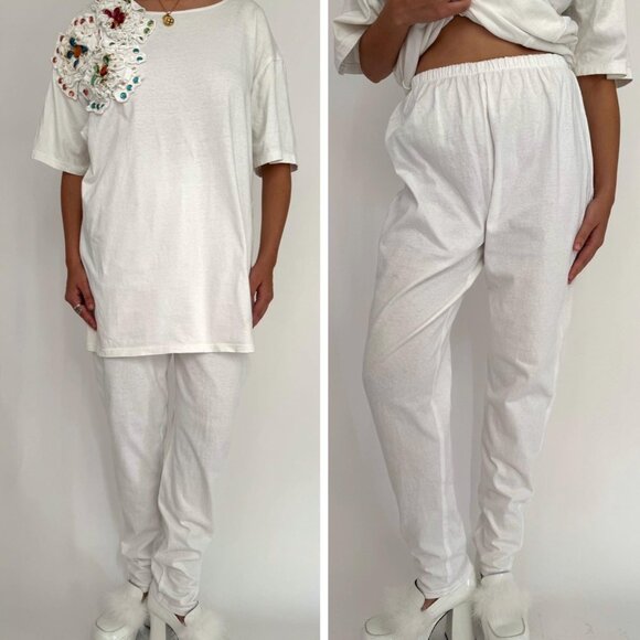 80s vintage white rainbow embellished cotton shirt pants matching two piece set - Picture 1 of 10